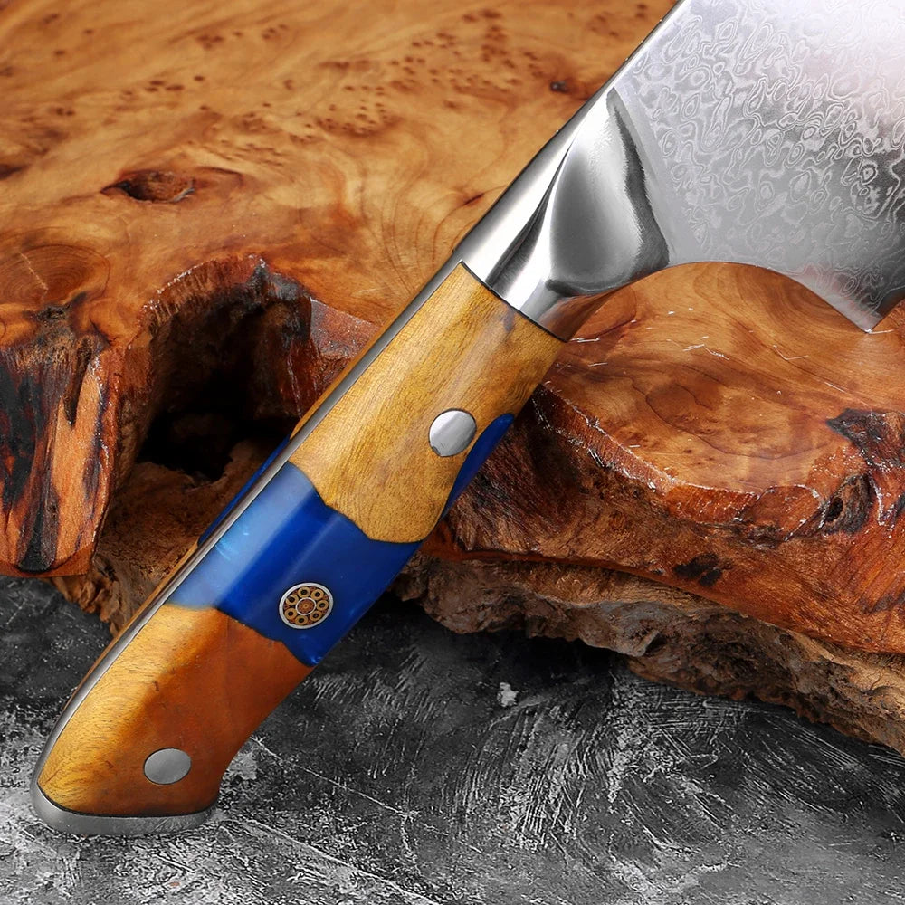 Japanese 7.5 Inch Cleaver Knife,Damascus Steel Kitchen Knife,Stabilized Wood & Resin Handle, Butcher Knife for Meat,Vegetables