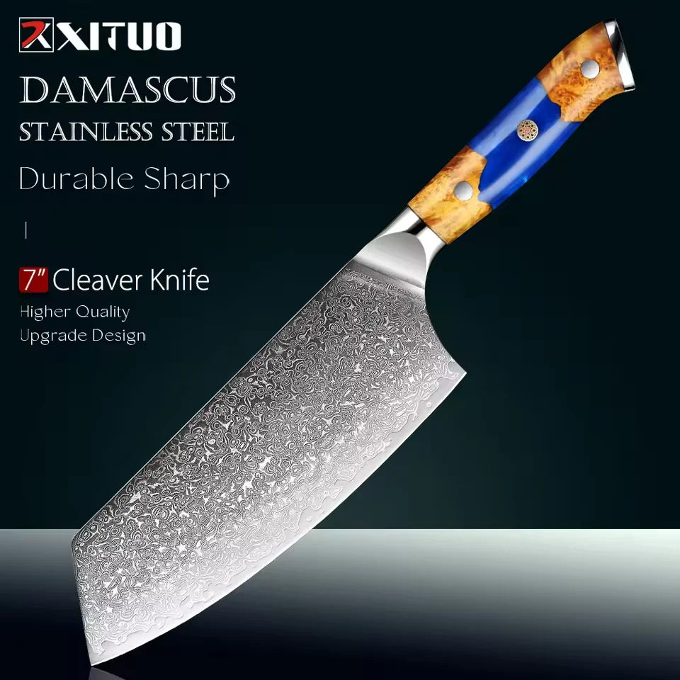 Japanese 7.5 Inch Cleaver Knife,Damascus Steel Kitchen Knife,Stabilized Wood & Resin Handle, Butcher Knife for Meat,Vegetables