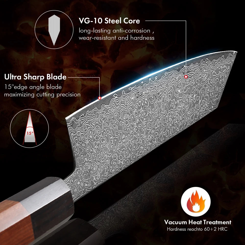 7-inch Japanese Kiritsuke Knife Damascus Steel Kitchen Sharp Cutting Meat Vegetable Cleaver Handmade Professional Chef Knives