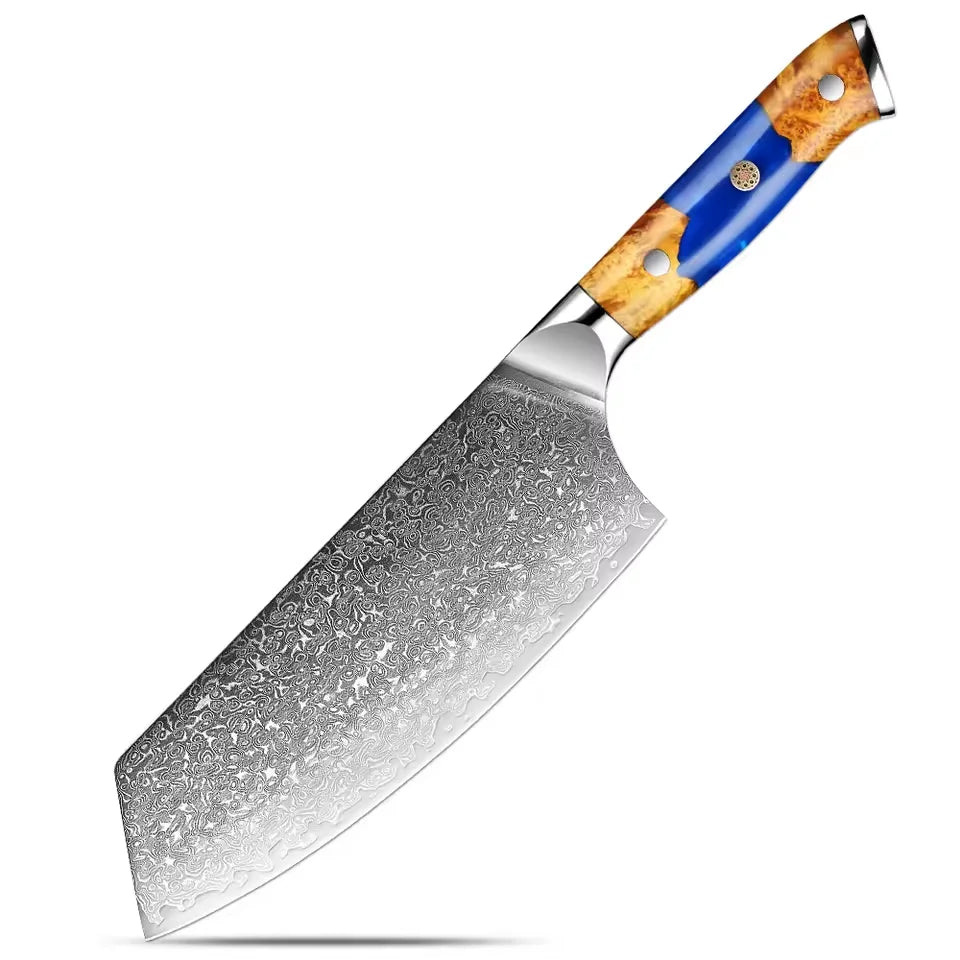 Japanese 7.5 Inch Cleaver Knife,Damascus Steel Kitchen Knife,Stabilized Wood & Resin Handle, Butcher Knife for Meat,Vegetables