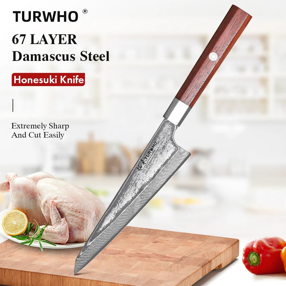 TURWHO 6" Honesuki Knife – Hand-Forged Damascus Steel Japanese Chef Knife for Boning & Kitchen Precision