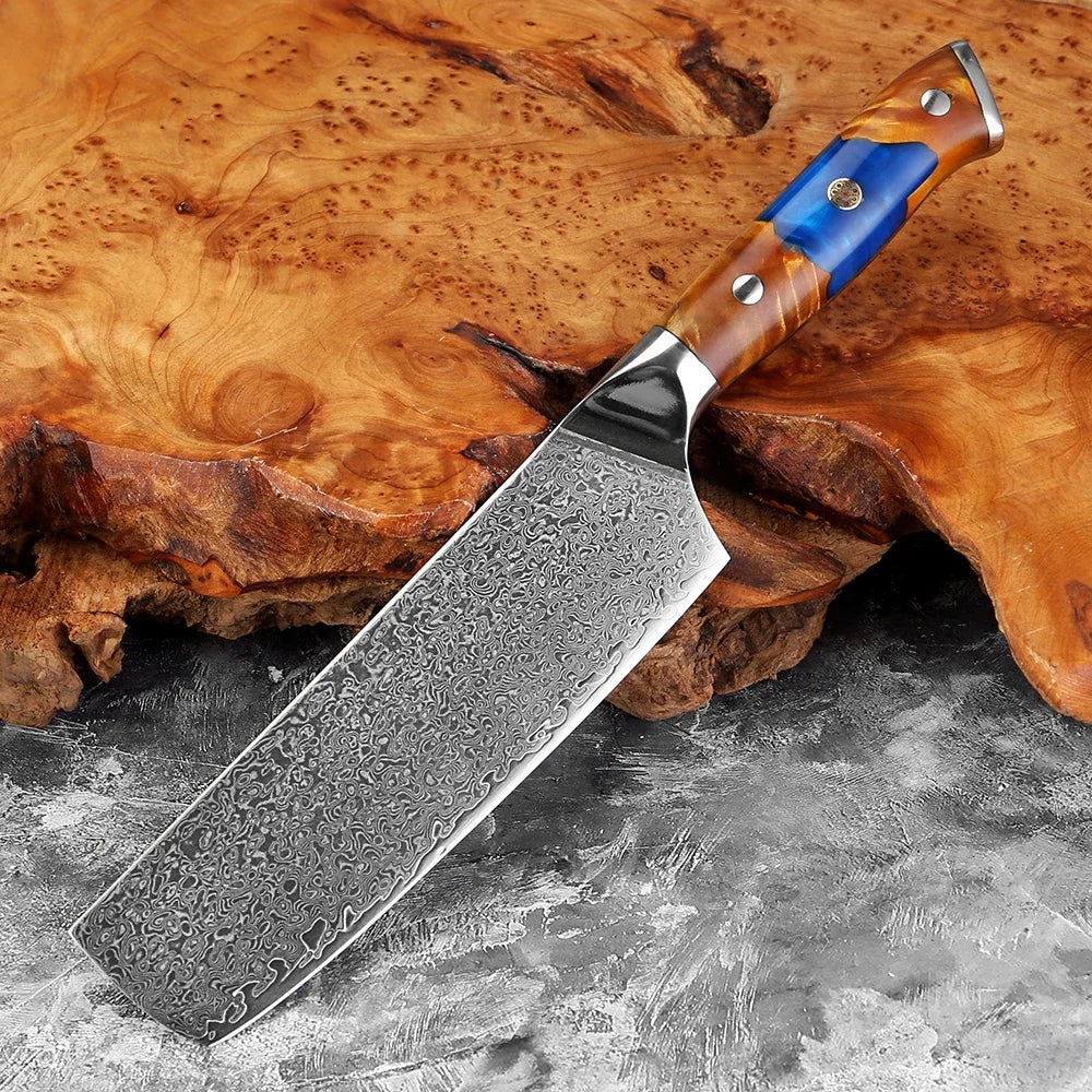 Japanese 7.5 Inch Cleaver Knife,Damascus Steel Kitchen Knife,Stabilized Wood & Resin Handle, Butcher Knife for Meat,Vegetables