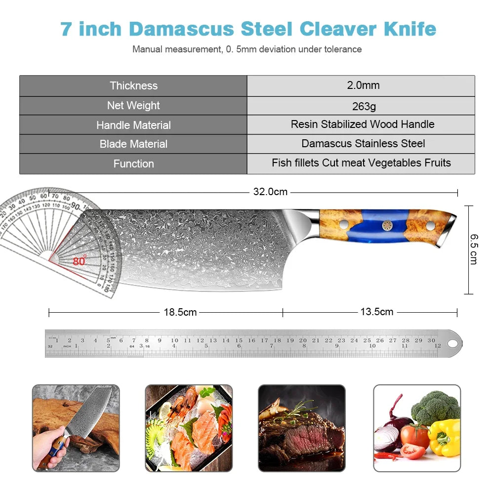Japanese 7.5 Inch Cleaver Knife,Damascus Steel Kitchen Knife,Stabilized Wood & Resin Handle, Butcher Knife for Meat,Vegetables
