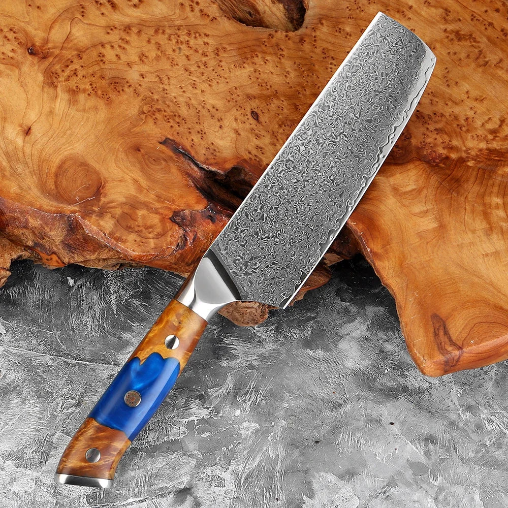 Japanese 7.5 Inch Cleaver Knife,Damascus Steel Kitchen Knife,Stabilized Wood & Resin Handle, Butcher Knife for Meat,Vegetables