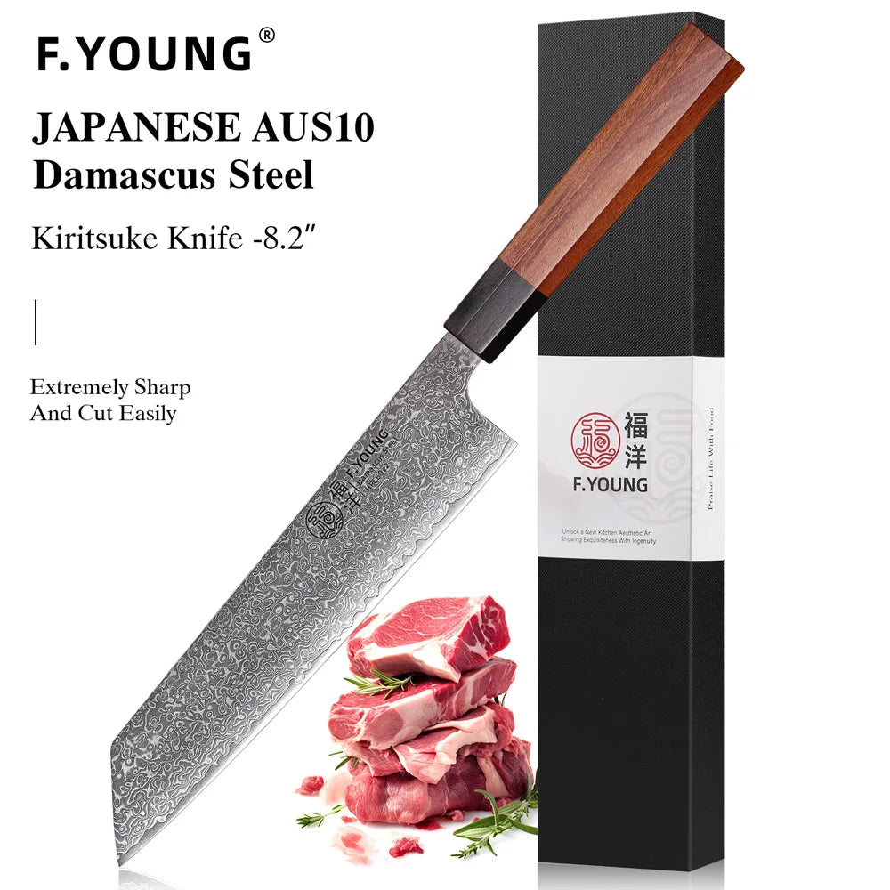 F.YOUNG 8.2-inch Japanese Kiritsuke Knife Damascus Steel Kitchen Chef Knives Sharp Professional Cleaver Hand Forged Cooking Tool