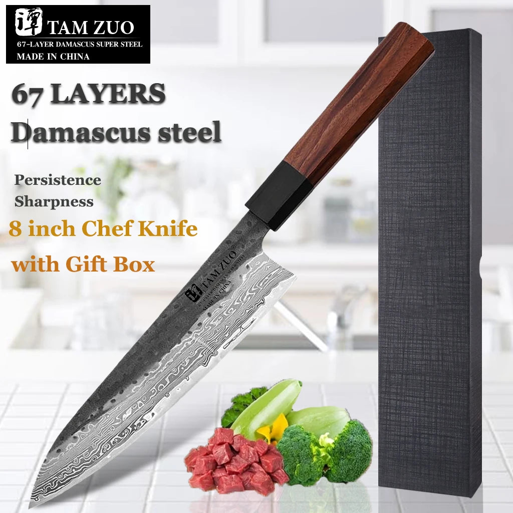 Japanese Professional Chef Knife Damascus Steel Kitchen Slicing Knife Wooden-handled Meat Cutter and Boning Knife with Gift Box