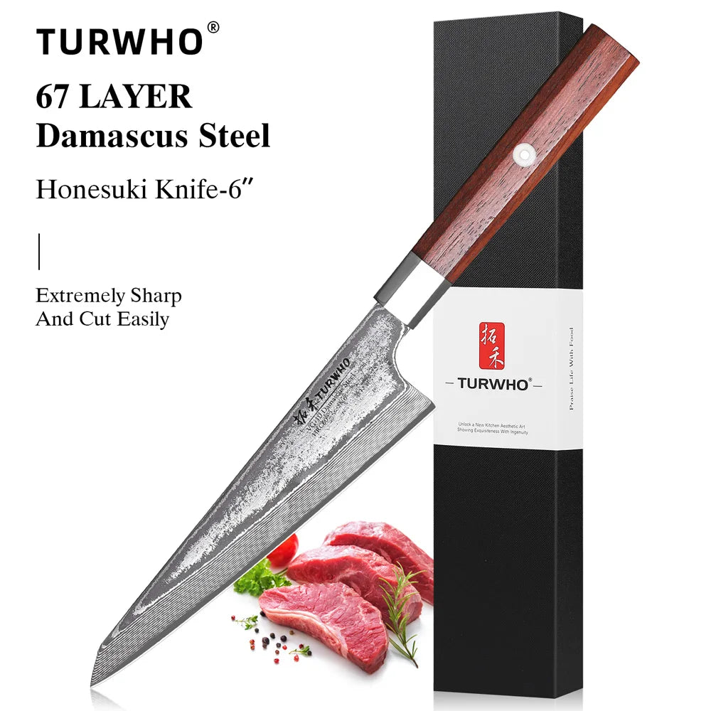 TURWHO 6" Honesuki Knife – Hand-Forged Damascus Steel Japanese Chef Knife for Boning & Kitchen Precision
